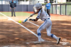 Creighton Bluejay outfielder Sydra Seville (3) bunts during a softball game against Seton Hall Friday, May 2nd 2025 in Omaha, Nebraska. Photo by Brandon Tiedemann.