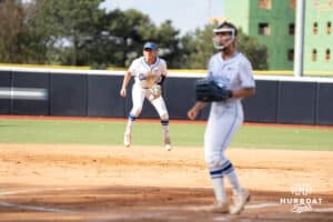 Creighton Bluejay infielder Ashten Pierson (4) prepares for the pitch during a softball game against Seton Hall Friday, May 2nd 2025 in Omaha, Nebraska. Photo by Brandon Tiedemann.