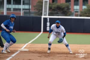 Creighton Bluejay infielder Erika Perez (12) waits for the pitch during a softball game against Seton Hall Friday, May 2nd 2025 in Omaha, Nebraska. Photo by Brandon Tiedemann.