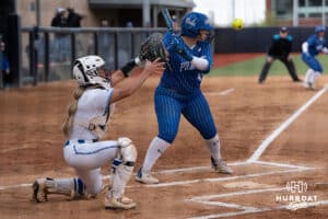 Creighton Bluejay catcher Lily West (8) saves a wild pitch during a softball game against Seton Hall Friday, May 2nd 2025 in Omaha, Nebraska. Photo by Brandon Tiedemann.