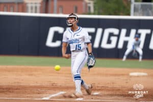 Creighton Bluejay pitcher Brooklyn Patchen (15) pitches during a softball game against Seton Hall Friday, May 2nd 2025 in Omaha, Nebraska. Photo by Brandon Tiedemann.
