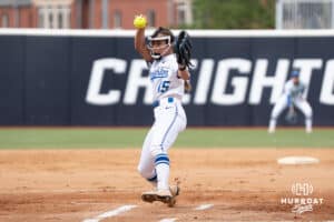 Creighton Bluejay pitcher Brooklyn Patchen (15) warms up during a softball game against Seton Hall Friday, May 2nd 2025 in Omaha, Nebraska. Photo by Brandon Tiedemann.