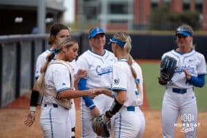 Creighton Bluejay outfielder Sydra Seville (3) high fives teammate during a softball game against Seton Hall Friday, May 2nd 2025 in Omaha, Nebraska. Photo by Brandon Tiedemann.