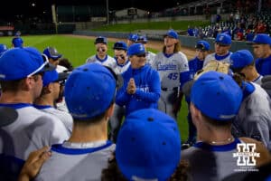 Creighton Bluejays head coach Ed Servais talks to the team after the win over the Nebraska Cornhuskers during a college baseball game on Tuesday, May 6, 2025 in Lincoln, Nebraska. Photo by John S. Peterson.