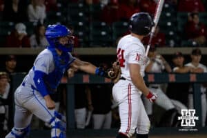 Nebraska Cornhusker Gabe Swansen (44) struck out in the ninth against the Creighton Bluejays during a college baseball game on Tuesday, May 6, 2025 in Lincoln, Nebraska. Photo by John S. Peterson.