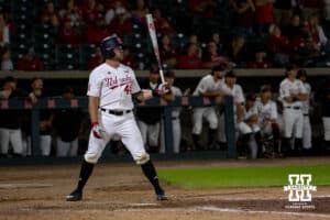 Nebraska Cornhusker Gabe Swansen (44) up at bat in the ninth with the tying run at third against the Creighton Bluejays during a college baseball game on Tuesday, May 6, 2025 in Lincoln, Nebraska. Photo by John S. Peterson.