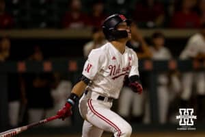 Nebraska Cornhusker outfielder Robby Bolin (5) flies out bringing a run against the Creighton Bluejays in the ninth inning during a college baseball game on Tuesday, May 6, 2025 in Lincoln, Nebraska. Photo by John S. Peterson.
