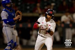 Nebraska Cornhusker infielder Devin Nunez (16) pinch hits for Heligso and is walked against the Creighton Bluejays in the ninth inning during a college baseball game on Tuesday, May 6, 2025 in Lincoln, Nebraska. Photo by John S. Peterson.