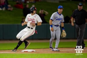 Nebraska Cornhusker infielder Dylan Carey (15) advanced to third in the ninth against the Creighton Bluejays during a college baseball game on Tuesday, May 6, 2025 in Lincoln, Nebraska. Photo by John S. Peterson.
