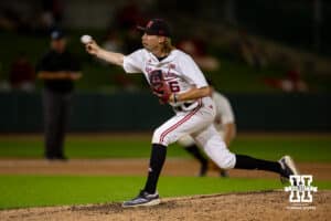 Nebraska Cornhusker pitcher Pryce Bender (6) throws a pitch in the ninth inning against the Creighton Bluejays during a college baseball game on Tuesday, May 6, 2025 in Lincoln, Nebraska. Photo by John S. Peterson.