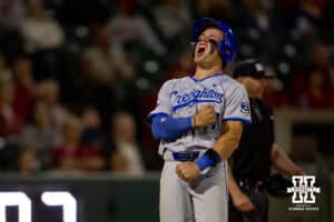 Creighton Bluejay infielder Ben North (11) celebrates scoring a run against the Nebraska Cornhuskers in the ninth inning during a college baseball game on Tuesday, May 6, 2025 in Lincoln, Nebraska. Photo by John S. Peterson.