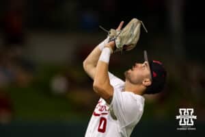 Nebraska Cornhusker utility Cayden Brumbaugh (0) makes an out against the Creighton Bluejays during a college baseball game on Tuesday, May 6, 2025 in Lincoln, Nebraska. Photo by John S. Peterson.