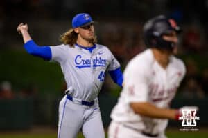 Creighton Bluejay pitcher Garrett Langrell (45) throws to first for an out against the Nebraska Cornhuskers during a college baseball game on Tuesday, May 6, 2025 in Lincoln, Nebraska. Photo by John S. Peterson.