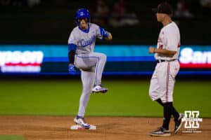 Creighton Bluejay infielder Nolan Sailors (1) doubled against the Nebraska Cornhuskers in the ninth inning during a college baseball game on Tuesday, May 6, 2025 in Lincoln, Nebraska. Photo by John S. Peterson.