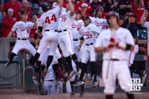 Nebraska Cornhusker Gabe Swansen (44) celebrates a home run against the Creighton Bluejays in the eighth inning during a college baseball game on Tuesday, May 6, 2025 in Lincoln, Nebraska. Photo by John S. Peterson.