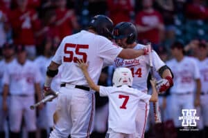 Nebraska Cornhusker Gabe Swansen (44) celebrates a home run against the Creighton Bluejays in the eighth inning during a college baseball game on Tuesday, May 6, 2025 in Lincoln, Nebraska. Photo by John S. Peterson.