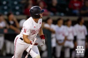 Nebraska Cornhusker Gabe Swansen (44) hits a home run against the Creighton Bluejays in the eighth inning during a college baseball game on Tuesday, May 6, 2025 in Lincoln, Nebraska. Photo by John S. Peterson.