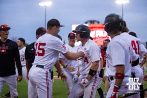 Nebraska Cornhusker infielder Josh Overbeek (4) celebrates his home run against the Creighton Bluejays in the seventh inning during a college baseball game on Tuesday, May 6, 2025 in Lincoln, Nebraska. Photo by John S. Peterson.