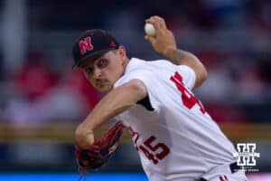 Nebraska Cornhusker pitcher Casey Daiss (45) throws a pitch against the Creighton Bluejays during a college baseball game on Tuesday, May 6, 2025 in Lincoln, Nebraska. Photo by John S. Peterson.