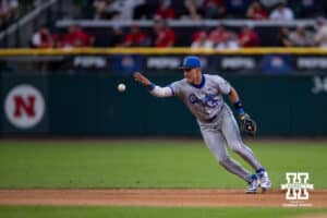 Creighton Bluejay infielder Kyle Hess (15) throws the ball to second base for a double play against the Nebraska Cornhuskers in the sixth inning during a college baseball game on Tuesday, May 6, 2025 in Lincoln, Nebraska. Photo by John S. Peterson.