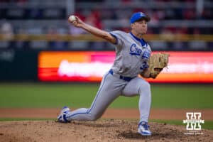 Creighton Bluejay pitcher Noah Klein (38) throws a pitch in the fifth inning against the Nebraska Cornhuskers during a college baseball game on Tuesday, May 6, 2025 in Lincoln, Nebraska. Photo by John S. Peterson.