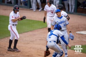 Nebraska Cornhusker outfielder Riley Silva (1) celebates after scoring in the fifth inning against the Creighton Bluejays during a college baseball game on Tuesday, May 6, 2025 in Lincoln, Nebraska. Photo by John S. Peterson.