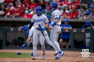 Creighton Bluejay first baseman Will MacLean (17) scores against the Nebraska Cornhuskers in the fourth inning during a college baseball game on Tuesday, May 6, 2025 in Lincoln, Nebraska. Photo by John S. Peterson.