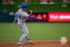 Creighton Bluejay infielder Ben North (11) throws to first for an out against the Nebraska Cornhuskers in the third inning during a college baseball game on Tuesday, May 6, 2025 in Lincoln, Nebraska. Photo by John S. Peterson.