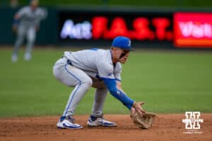 Creighton Bluejay infielder Ben North (11) scoops up the ball to throw to first for an out against the Nebraska Cornhuskers in the third inning during a college baseball game on Tuesday, May 6, 2025 in Lincoln, Nebraska. Photo by John S. Peterson.