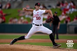 Nebraska Cornhusker pitcher Gavin Blachowicz (50) throws a pitch in the third inning against the Creighton Bluejays during a college baseball game on Tuesday, May 6, 2025 in Lincoln, Nebraska. Photo by John S. Peterson.