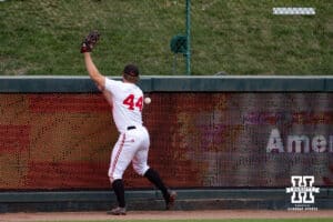 Nebraska Cornhusker outfielder Gabe Swansen (44) misses making the catch against the Creighton Bluejays in the third inning during a college baseball game on Tuesday, May 6, 2025 in Lincoln, Nebraska. Photo by John S. Peterson.