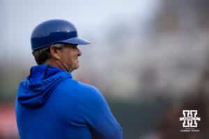 Creighton Bluejays head coach Ed Servais watching the action as the third base coach against the Nebraska Cornhuskers during a college baseball game on Tuesday, May 6, 2025 in Lincoln, Nebraska. Photo by John S. Peterson.