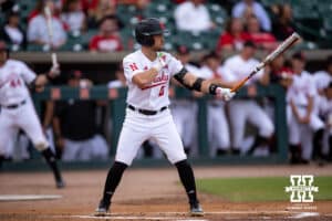 Nebraska Cornhusker utility Cayden Brumbaugh (0) gets ready to bat against the Creighton Bluejays in the first inning during a college baseball game on Tuesday, May 6, 2025 in Lincoln, Nebraska. Photo by John S. Peterson.