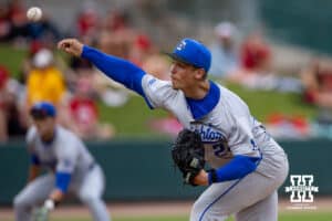 reighton Bluejay pitcher Ian Koosman (24) throws a pitch in the first inning against the Nebraska Cornhuskers during a college baseball game on Tuesday, May 6, 2025 in Lincoln, Nebraska. Photo by John S. Peterson.
