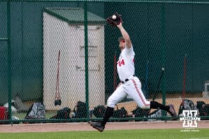 Nebraska Cornhusker outfielder Gabe Swansen (44) makes a catch for an out against the Creighton Bluejays in the first inning during a college baseball game on Tuesday, May 6, 2025 in Lincoln, Nebraska. Photo by John S. Peterson.