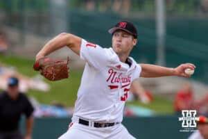 Nebraska Cornhusker pitcher Will Walsh (30) throws a pitch in the first inning against the Creighton Bluejays during a college baseball game on Tuesday, May 6, 2025 in Lincoln, Nebraska. Photo by John S. Peterson.
