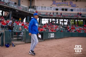 Creighton Bluejayshead coach Ed Servais walks out to home plate to meet with Nebraska Cornhuskers head coach Will Bolt during a college baseball game on Tuesday, May 6, 2025 in Lincoln, Nebraska. Photo by John S. Peterson.