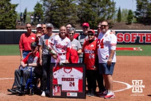 Nebraska Cornhusker Ava Bredwell (24) poses with her family for the Senior Day celebraion after the win over the Maryland Terrapins during a college softball game on Sunday, May 4, 2025 in Lincoln, Nebraska. Photo by John S. Peterson.