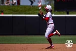 Nebraska Cornhusker Samantha Bland (29) celebrates running home being driving in from Ava Kuszak home run in the sixth inning for the walk-off win over Maryland Terrapins during a college softball game on Sunday, May 4, 2025 in Lincoln, Nebraska. Photo by John S. Peterson.