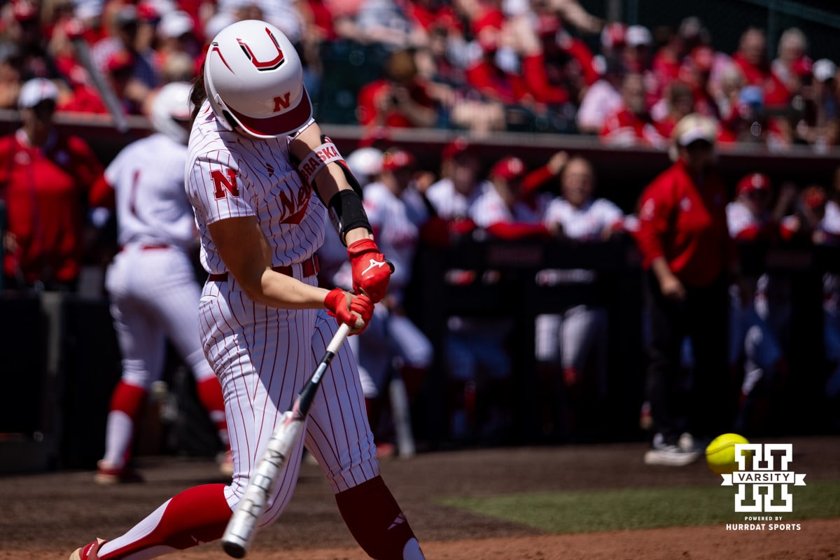 Nebraska Cornhusker Ava Kuszak (7) hits a two-run home run for a walk-off win in the sixth inning against the Maryland Terrapins during a college softball game on Sunday, May 4, 2025 in Lincoln, Nebraska. Photo by John S. Peterson.