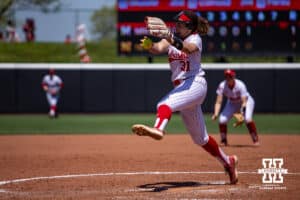 Nebraska Cornhusker Kylee Magee (31) throws a pitch against the Maryland Terrapins in the sixth inning during a college softball game on Sunday, May 4, 2025 in Lincoln, Nebraska. Photo by John S. Peterson.