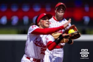 Nebraska Cornhusker Ava Kuszak (7) watches Samantha Bland makes a catch for an out against the Maryland Terrapins in the sixth inning during a college softball game on Sunday, May 4, 2025 in Lincoln, Nebraska. Photo by John S. Peterson.