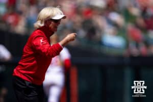 Nebraska Cornhusker head coach Rhonda Revelle giving instructions in the fifth inning against the Maryland Terrapins during a college softball game on Sunday, May 4, 2025 in Lincoln, Nebraska. Photo by John S. Peterson.