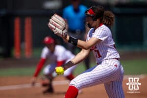 Nebraska Cornhusker Kylee Magee (31) throws a pitch against the Maryland Terrapins in the fifth during a college softball game on Sunday, May 4, 2025 in Lincoln, Nebraska. Photo by John S. Peterson.