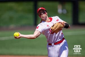 Nebraska Cornhusker Ava Kuszak (7) throws to first in the fifth inning against the Maryland Terrapins during a college softball game on Sunday, May 4, 2025 in Lincoln, Nebraska. Photo by John S. Peterson.