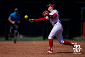 Nebraska Cornhusker Lauren Camenzind (2) throws to first agaoinst the Maryland Terrapins in the fourth inning during a college softball game on Sunday, May 4, 2025 in Lincoln, Nebraska. Photo by John S. Peterson.