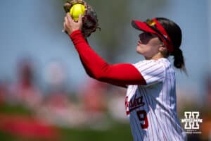Nebraska Cornhusker Hannah Camenzind (9) makes a catch for an out against the Maryland Terrapins in the third inning during a college softball game on Sunday, May 4, 2025 in Lincoln, Nebraska. Photo by John S. Peterson.