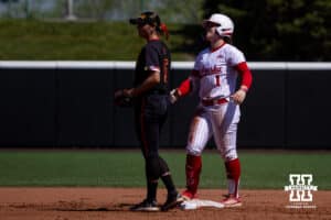 Nebraska Cornhusker Olivia DiNardo (1) doubles in the second inning scoring Samantha Bland against the Maryland Terrapins in the second inning during a college softball game on Sunday, May 4, 2025 in Lincoln, Nebraska. Photo by John S. Peterson.