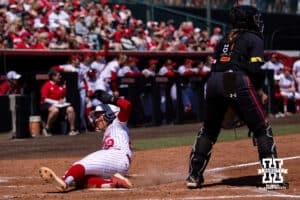 Nebraska Cornhusker Samantha Bland (29) slides home for a run against the Maryland Terrapins in the second inning during a college softball game on Sunday, May 4, 2025 in Lincoln, Nebraska. Photo by John S. Peterson.