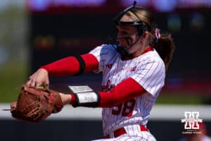 Nebraska Cornhusker Jordyn Bahl (98) throws a pitch against the Maryland Terrapins in the secon inning during a college softball game on Sunday, May 4, 2025 in Lincoln, Nebraska. Photo by John S. Peterson.